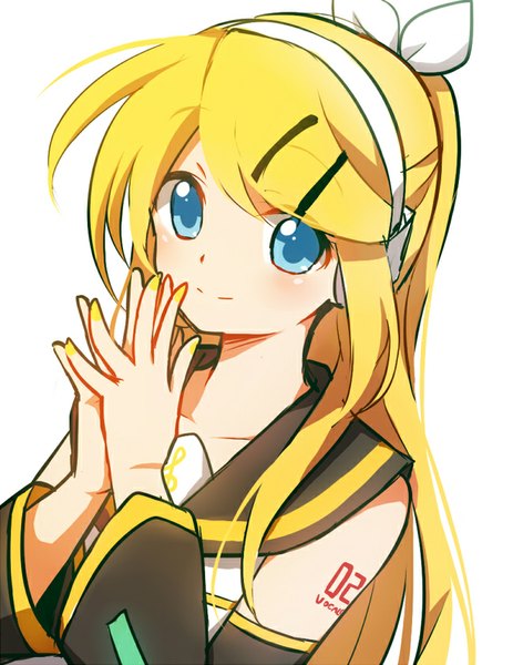 Anime picture 650x841 with vocaloid kagamine rin iruyu single long hair tall image looking at viewer blush blue eyes simple background blonde hair smile white background nail polish yellow nail polish future style (module) girl hair ornament detached sleeves headphones