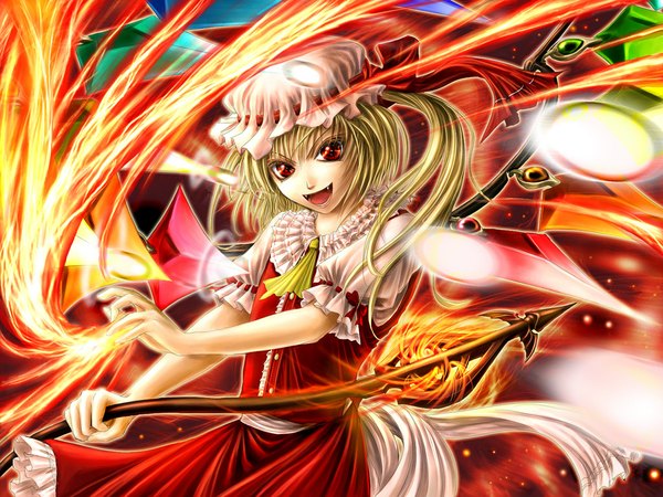 Anime picture 1024x768 with touhou flandre scarlet yuki shuuka single looking at viewer short hair open mouth blonde hair red eyes fang (fangs) puffy sleeves one side up girl skirt weapon hat wings bonnet skirt set ascot