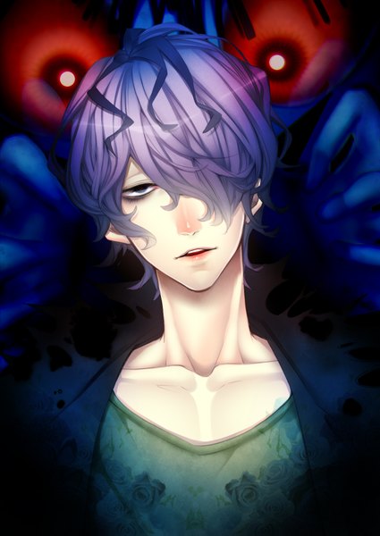 Anime picture 1237x1748 with ib (game) garry (ib) single tall image fringe short hair open mouth blue eyes red eyes purple hair hair over one eye boy rose (roses)