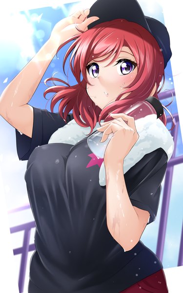 Anime picture 1181x1889 with love live! school idol project sunrise (studio) love live! nishikino maki kirisaki reina single tall image looking at viewer blush fringe breasts large breasts standing purple eyes holding sky cloud (clouds) red hair sunlight sweat