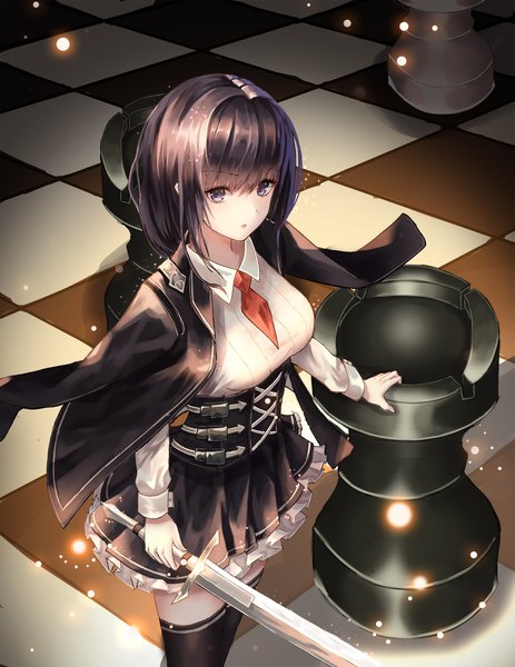 Anime picture 1800x2328 with original cup6542 single tall image looking at viewer fringe highres short hair open mouth black hair hair between eyes standing holding payot long sleeves pleated skirt multicolored hair from above black eyes two-tone hair