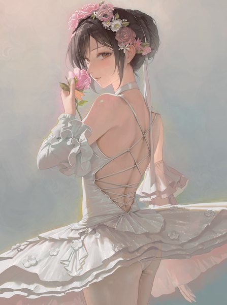 Anime-Bild 4131x5549 mit original bangsom single tall image looking at viewer fringe highres short hair light erotic black hair simple background standing bare shoulders holding brown eyes payot absurdres from behind mole hair bun (hair buns)