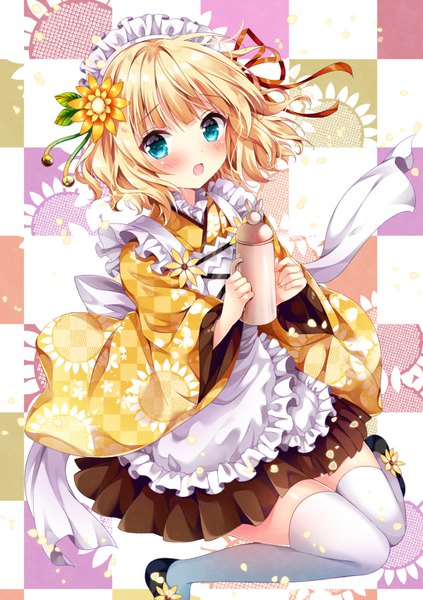 Anime picture 600x851 with gochuumon wa usagi desu ka? white fox kirima sharo nogi takayoshi single tall image looking at viewer blush short hair open mouth blue eyes simple background blonde hair holding bent knee (knees) traditional clothes wide sleeves zettai ryouiki floral print wa maid