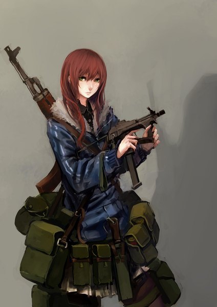 Anime picture 800x1131 with original jittsu single tall image looking at viewer simple background brown hair standing green eyes pleated skirt girl skirt weapon miniskirt shirt gun bag sheath knife fanny pack