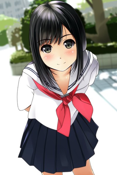 Anime picture 800x1200 with original matsunaga kouyou single long hair tall image looking at viewer blush fringe black hair standing outdoors pleated skirt light smile black eyes leaning leaning forward hands behind back girl skirt uniform