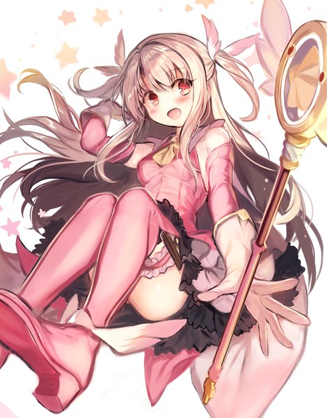 Anime picture 884x1128 with fate (series) fate/kaleid liner prisma illya illyasviel von einzbern prisma illya magical ruby fuepo single long hair tall image blush open mouth light erotic blonde hair red eyes :d arm up two side up magical girl girl thighhighs