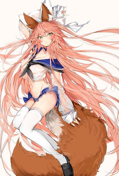 Anime picture 3000x4422 with fate (series) fate/grand order tamamo (fate) (all) tamamo no mae (fate) silver (chenwen) single tall image looking at viewer blush fringe highres breasts light erotic simple background hair between eyes white background animal ears yellow eyes pink hair cleavage