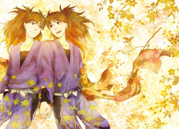 Anime picture 1032x745 with rakudai ninja rantarou tagme (character) zenpouji isaku sumesora long hair brown hair brown eyes holding hands twins shounen ai boy leaf (leaves) ninja