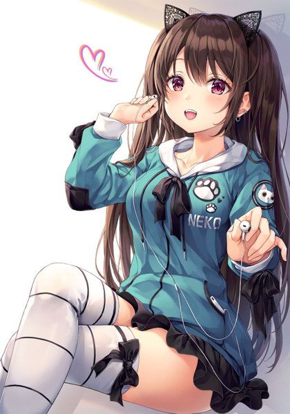 Anime picture 1000x1428 with original r o ha single long hair tall image blush fringe breasts open mouth simple background smile hair between eyes brown hair sitting purple eyes holding animal ears bent knee (knees) long sleeves :d
