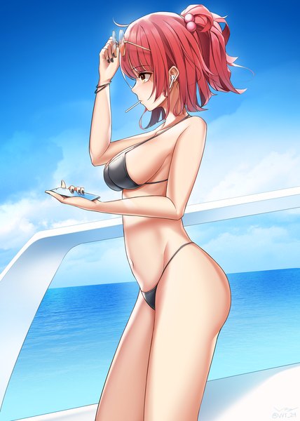 Anime picture 1500x2100 with girls frontline mp7 (girls frontline) vvy single tall image blush fringe short hair breasts light erotic large breasts standing bare shoulders holding yellow eyes sky cloud (clouds) outdoors ponytail red hair