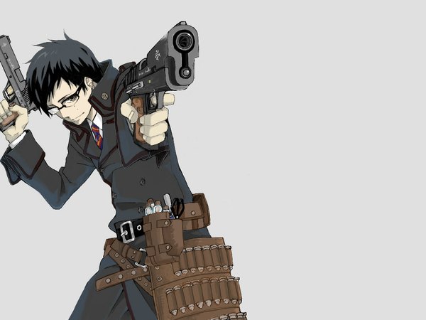 Anime picture 1024x768 with ao no exorcist a-1 pictures okumura yukio single short hair blue eyes black hair simple background grey background boy weapon glasses necktie scissors cartridge