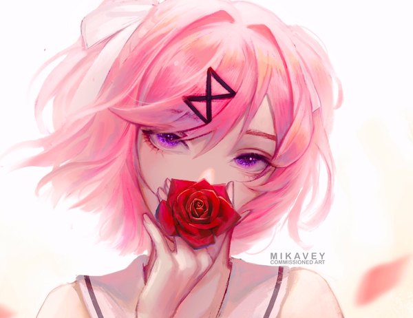 Anime picture 2048x1576 with doki doki literature club natsuki (doki doki literature club) mikavvvi single looking at viewer highres short hair purple eyes signed pink hair upper body two side up covered mouth girl hair ornament flower (flowers) rose (roses) x hair ornament red rose