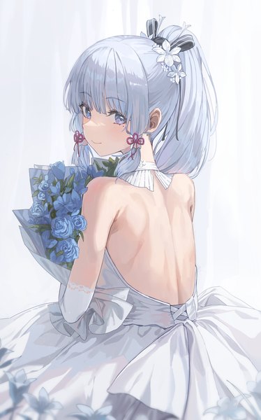 Anime picture 2128x3410 with genshin impact kamisato ayaka 2gong (9ujin ) single long hair tall image looking at viewer fringe highres blue eyes simple background smile white background bare shoulders payot blue hair ponytail blunt bangs looking back hair flower