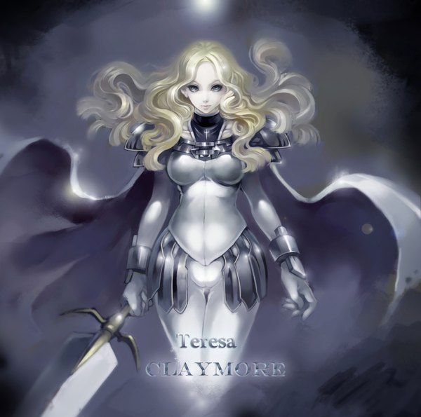 Anime picture 2000x1986 with claymore madhouse teresa futanuki single long hair highres blue eyes blonde hair inscription wavy hair girl weapon sword armor cloak