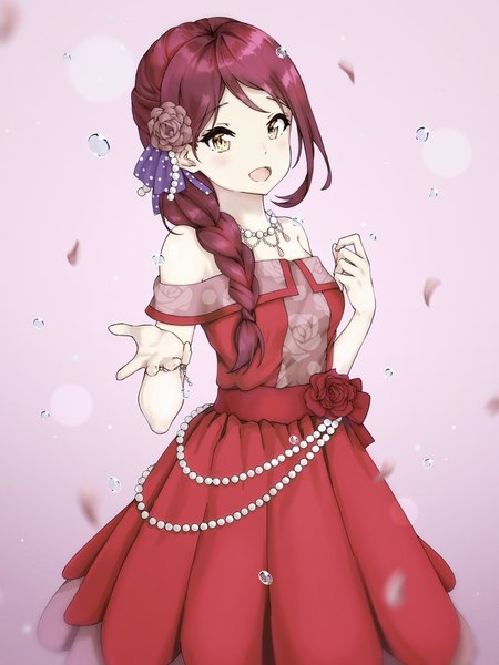 イラスト 750x1000 と ラブライブ!サンシャイン!! サンライズ love live! 桜内梨子 senguyen1011 ソロ 長髪 長身像 カメラ目線 赤面 前髪 開いた口 simple background 笑顔 立つ 黄色眼 赤髪 三つ編み :d hair flower