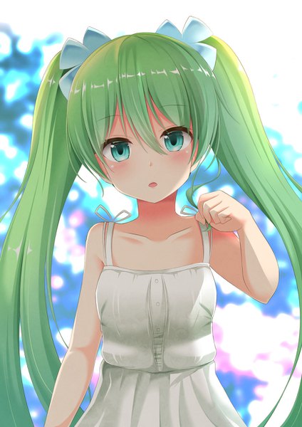 Anime picture 868x1228 with vocaloid hatsune miku aibumi single long hair tall image looking at viewer blush fringe open mouth hair between eyes standing twintails bare shoulders upper body head tilt aqua eyes green hair :o sleeveless