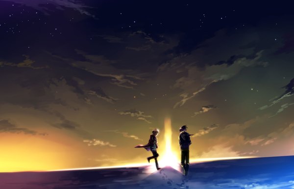 Anime picture 1700x1093 with no.6 studio bones nezumi (no.6) shion (no.6) highres sky cloud (clouds) sunlight multiple boys evening sunset landscape jumping scenic boy star (stars) 2 boys cloak