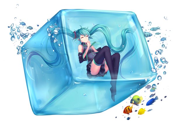 Anime picture 1201x850 with vocaloid hatsune miku single simple background white background twintails bent knee (knees) eyes closed very long hair aqua hair underwater girl thighhighs skirt black thighhighs detached sleeves animal fish (fishes) cube