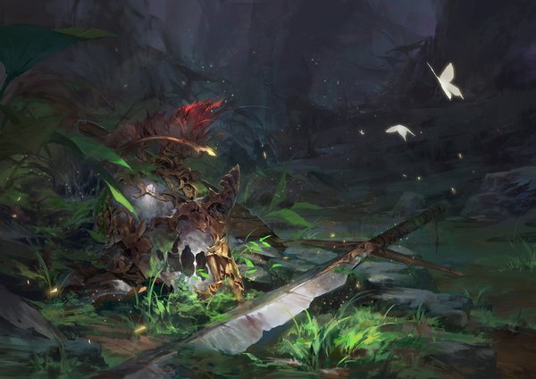 Anime picture 1415x1000 with original baraba baba no people landscape glow weapon plant (plants) sword tree (trees) leaf (leaves) insect butterfly grass forest helmet stone (stones)