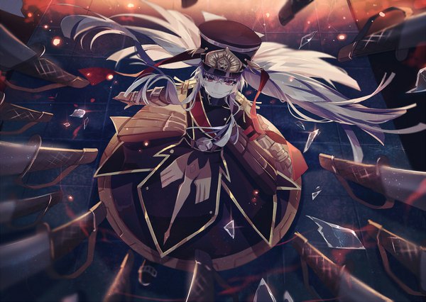 Anime picture 1500x1065 with re:creators altair (re:creators) lococo:p single long hair looking at viewer red eyes standing silver hair from above floating hair floor military girl uniform weapon hat sword blood military uniform