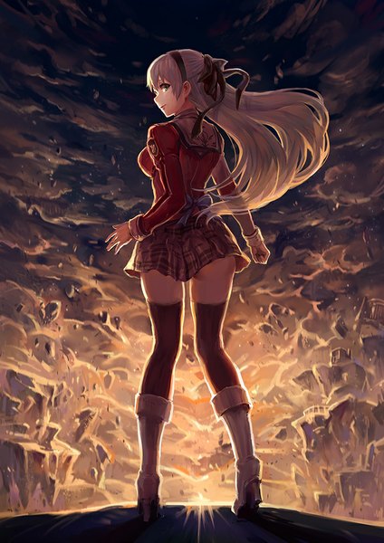 Anime picture 707x1000 with eiyuu densetsu zero no kiseki elie macdowell haoni single long hair tall image blue eyes cloud (clouds) white hair looking back girl thighhighs skirt bow black thighhighs hair bow boots hairband