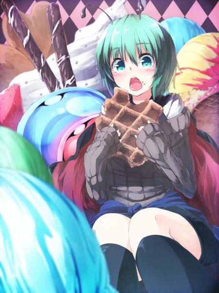 Anime picture 900x1200 with touhou wriggle nightbug ibuki notsu single tall image looking at viewer blush highres short hair open mouth sitting green eyes green hair eating knees touching food on face girl socks food sweets