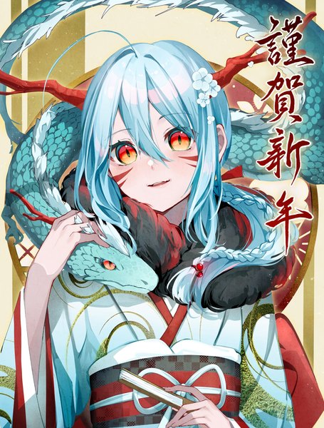 Anime picture 1552x2048 with original murumuru (pixiv51689952) single long hair tall image fringe hair between eyes blue hair upper body ahoge traditional clothes japanese clothes horn (horns) low ponytail new year fantasy multicolored eyes nengajou girl kimono