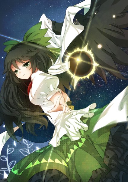 Anime picture 2480x3508 with touhou reiuji utsuho emia wang single long hair tall image highres black hair looking away outstretched hand starry sky print girl dress bow hair bow wings