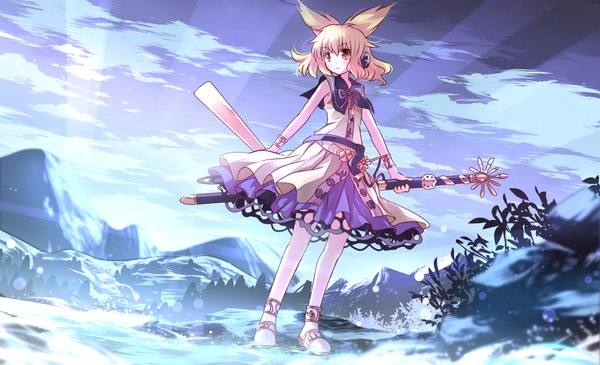 Anime picture 2060x1254 with touhou toyosatomimi no miko risutaru single blush fringe highres short hair blonde hair hair between eyes wide image standing holding looking away sky cloud (clouds) full body outdoors orange eyes mountain