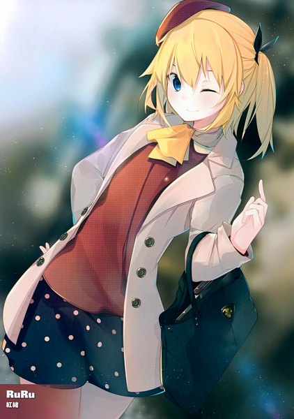 Anime picture 2461x3500 with original benio (dontsugel) single tall image looking at viewer highres short hair blue eyes blonde hair one eye closed wink blurry scan open jacket official art depth of field girl skirt ribbon (ribbons) hair ribbon