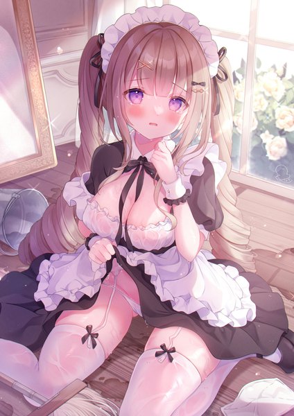 Anime-Bild 1158x1638 mit original omochi monaka single long hair tall image looking at viewer blush fringe breasts open mouth light erotic brown hair large breasts sitting purple eyes twintails payot cleavage bent knee (knees) indoors