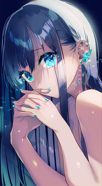 Anime picture 1829x3318 with original akizuki mizuho (artist) single long hair tall image looking at viewer fringe highres blue eyes simple background hair between eyes blue hair upper body nail polish fingernails sparkle piercing lens flare finger to mouth ear piercing