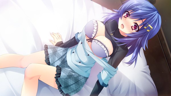 Anime picture 1280x720 with shukufuku no kane no oto wa nishikujou kanon anapom blush short hair breasts open mouth light erotic red eyes wide image blue hair game cg girl hair ornament