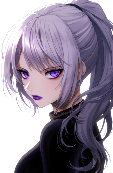 Anime picture 1374x2098 with original mekariruwii single long hair tall image looking at viewer fringe simple background hair between eyes white background purple eyes payot purple hair upper body ponytail lipstick turning head purple lipstick girl hair tie