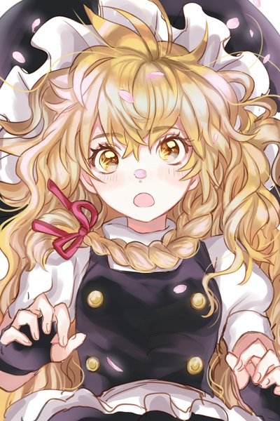 Anime picture 1080x1620 with touhou kirisame marisa rosette (roze-ko) single long hair tall image looking at viewer blush fringe open mouth blonde hair hair between eyes yellow eyes upper body braid (braids) cherry blossoms side braid girl gloves hat