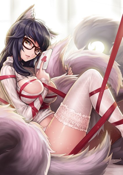 Anime picture 2480x3508 with league of legends ahri (league of legends) goomrrat single long hair tall image looking at viewer highres breasts light erotic black hair large breasts animal ears yellow eyes tail head tilt lips fox girl multiple tails girl