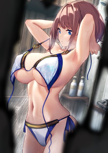 Anime-Bild 2893x4092 mit original hitoyo (baffu) baffu single tall image blush fringe highres short hair breasts open mouth blue eyes light erotic brown hair standing payot looking away indoors blurry arms up