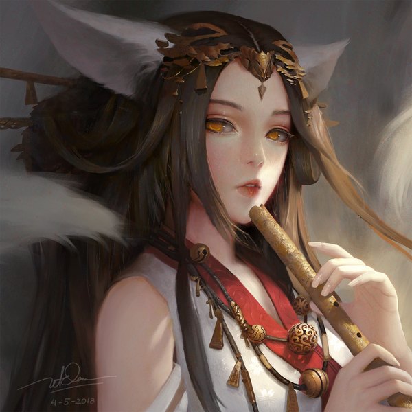 Anime picture 1870x1870 with original dao trong le single long hair looking at viewer highres black hair bare shoulders holding signed animal ears upper body tail traditional clothes japanese clothes animal tail lips orange eyes fox ears dated