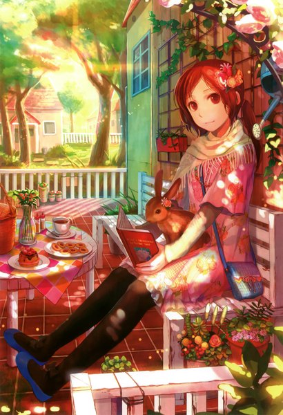 Anime picture 1483x2168 with original fuzichoco single long hair tall image red eyes brown hair sitting hair flower sunlight girl hair ornament flower (flowers) plant (plants) animal tree (trees) food sweets scarf book (books)