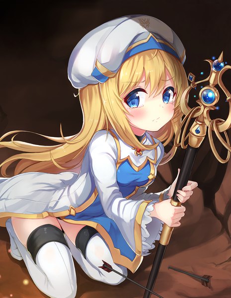 Anime picture 1163x1500 with goblin slayer! priestess (goblin slayer!) 2drr single long hair tall image looking at viewer blush fringe blue eyes blonde hair hair between eyes sitting holding full body wide sleeves loli zettai ryouiki tears kneeling