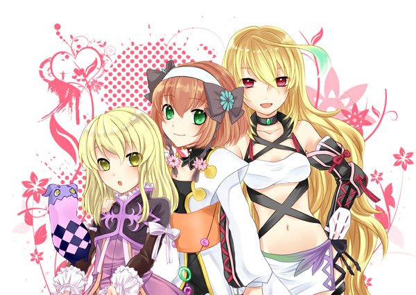 Anime picture 1075x765 with yayoi (egoistic realism) long hair short hair blonde hair red eyes multiple girls green eyes yellow eyes orange hair loli girl navel bow heart hairband 3 girls