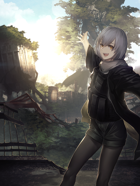 Anime picture 2000x2667 with original fixro2n single tall image looking at viewer fringe highres short hair open mouth smile hair between eyes standing brown eyes sky cloud (clouds) outdoors :d arm up grey hair sunlight
