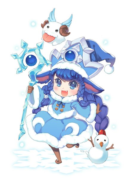 Anime picture 600x818 with league of legends lulu (league of legends) poro (league of legends) dakun87 (artist) single tall image blush open mouth blue eyes simple background smile white background blue hair very long hair horn (horns) black eyes teeth fang (fangs) girl wings