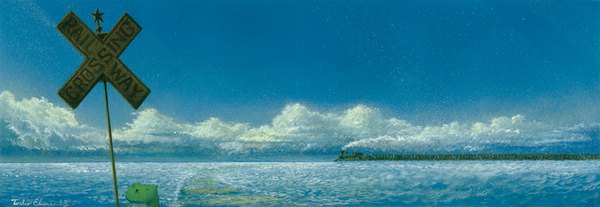 Anime picture 1000x346 with original toshio ebine wide image signed sky cloud (clouds) no people landscape animal sea train traffic sign railways