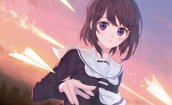 Anime picture 846x519 with original amamiya chiharu single looking at viewer blush short hair brown hair wide image purple eyes wind dutch angle girl uniform serafuku paper airplane