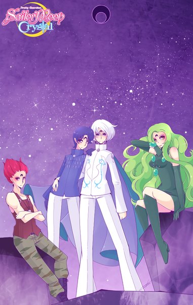 Anime picture 636x1000 with bishoujo senshi sailor moon toei animation prince diamond safire esmeraude rubeus thanatosrising long hair tall image looking at viewer short hair red eyes standing sitting purple eyes brown eyes yellow eyes blue hair bent knee (knees) white hair