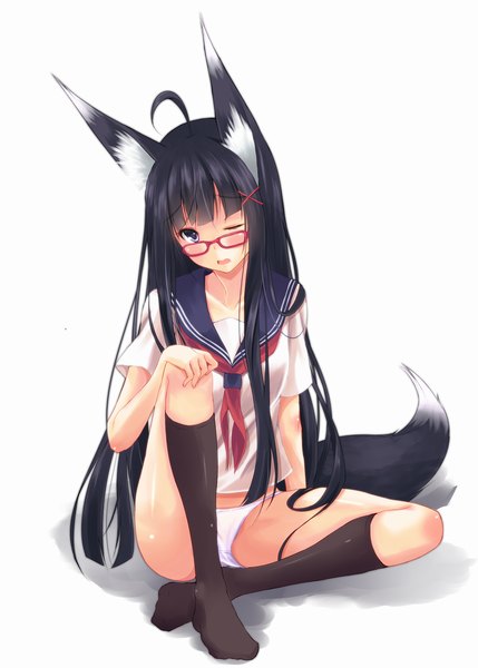 Anime picture 1000x1399 with original second heaven long hair tall image blush open mouth light erotic black hair sitting purple eyes animal ears ahoge animal tail one eye closed wink girl underwear panties socks glasses