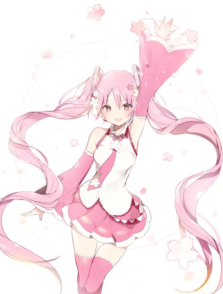 Anime-Bild 700x920 mit vocaloid hatsune miku sakura miku lpip single tall image blush fringe breasts open mouth simple background smile white background twintails bare shoulders pink hair very long hair pleated skirt pink eyes hair flower