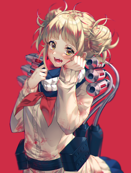 Anime picture 1518x2000 with boku no hero academia studio bones toga himiko kinty single tall image looking at viewer blush fringe open mouth simple background blonde hair smile standing yellow eyes blunt bangs hair bun (hair buns) fang (fangs) red background bloody clothes