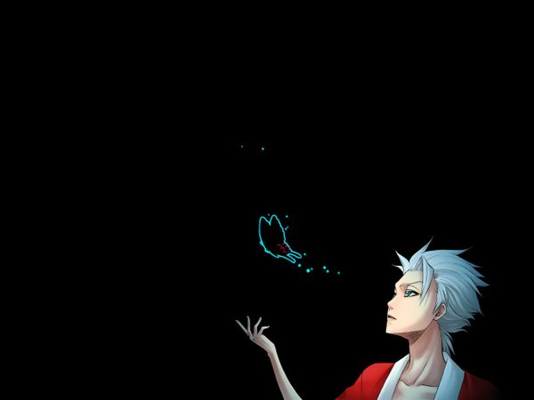 Anime picture 1280x960 with bleach studio pierrot hitsugaya toushirou single short hair simple background silver hair white hair traditional clothes profile aqua eyes black background looking up outline boy insect butterfly fireflies